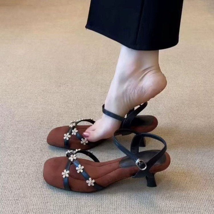 Women's Rhinestone Flower Square Toe Soft Elegant Inner Match Skirt Heels