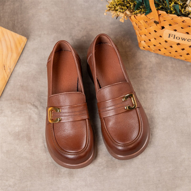Spring British Deep Mouth Chunky Round Leather Shoes