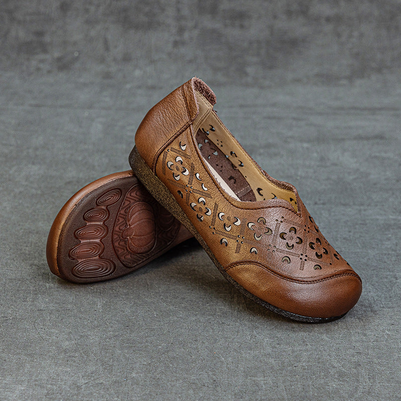 Women's & Men's Layer Cowhide Hollow Retro Flat-heeled Soft Bottom Slip-on Casual Shoes