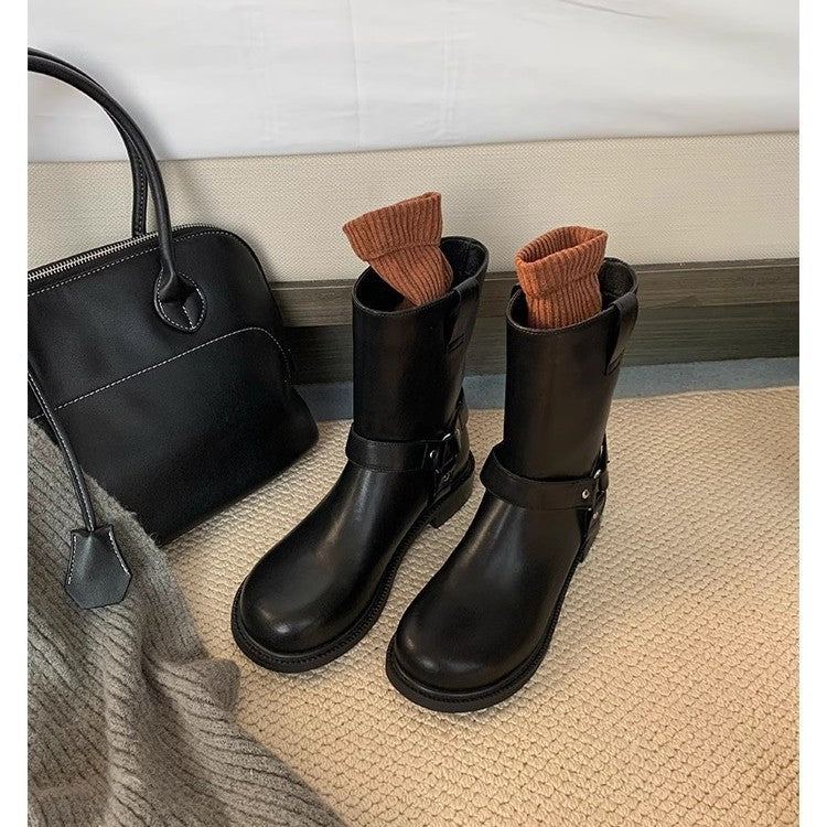 Women's Toe Metal Buckle Retro Low Western Boots