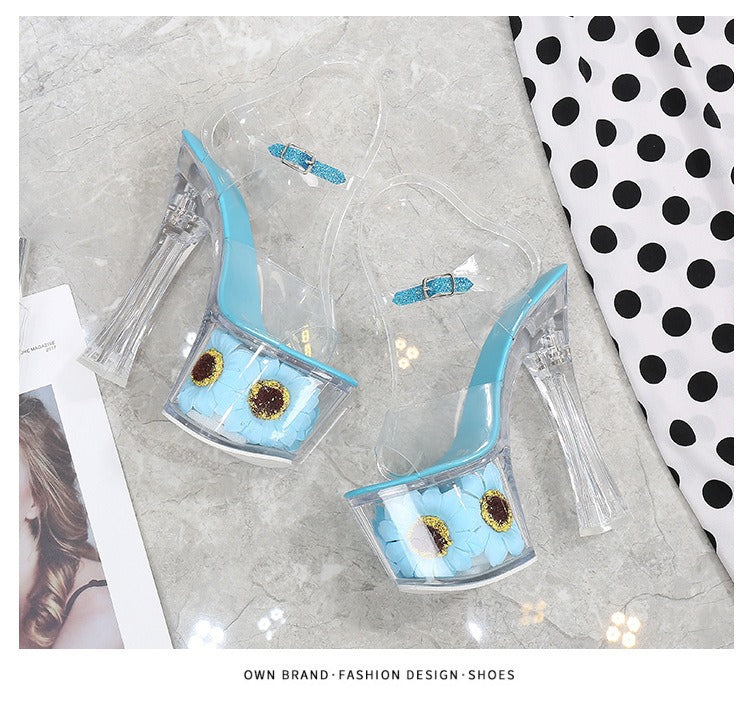 Women's Size Superb Sunflower Chunky Waterproof Platform Crystal Heels