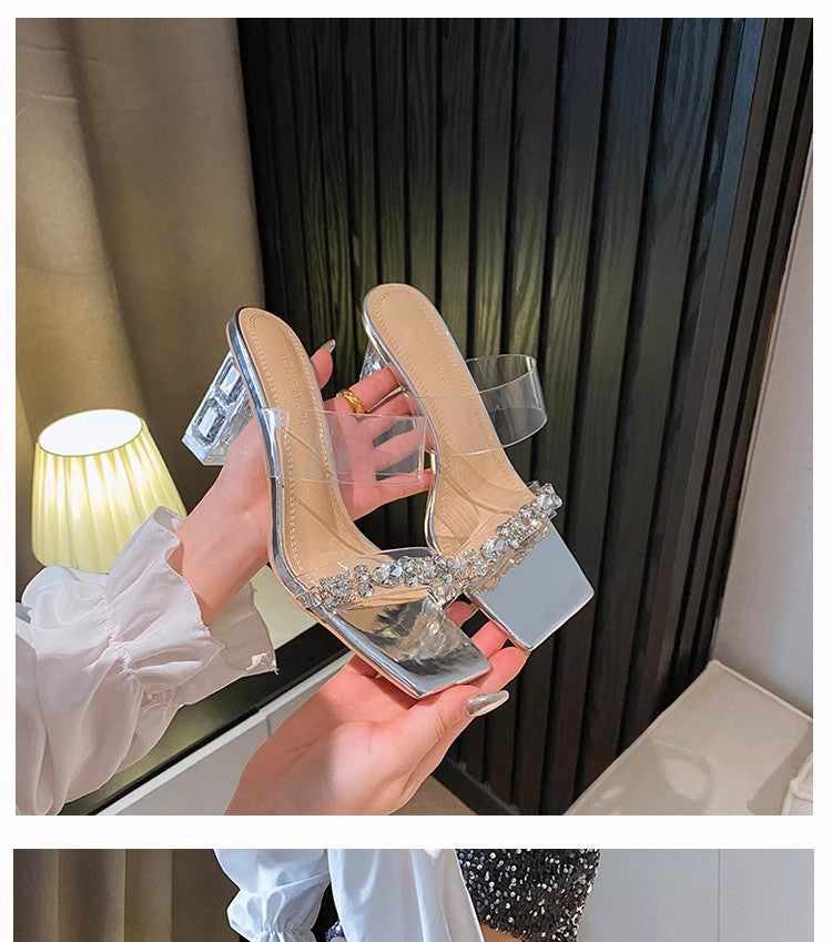 Women's Chunky Summer Square Toe Open Rhinestones Strap Transparent Heels
