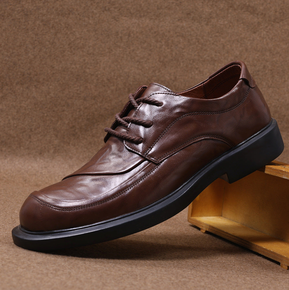 Men's Cowhide Breathable Lace Up Round Toe Soft Bottom Leather Shoes