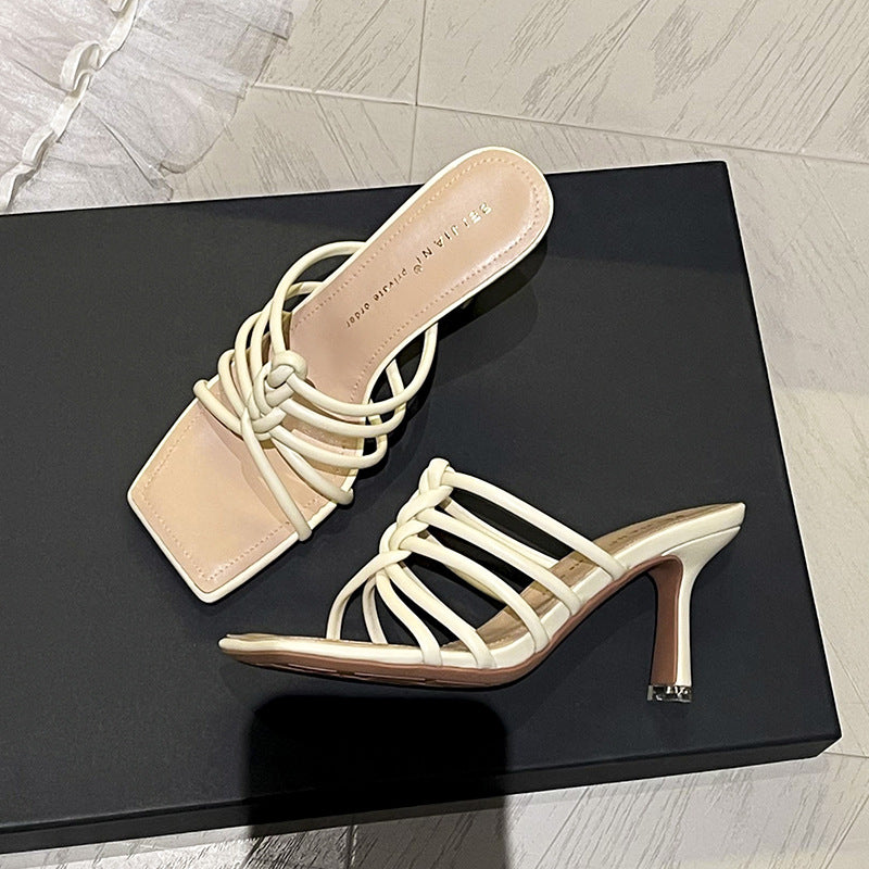 Women's Weave Thin Strap High Stiletto Square Heels