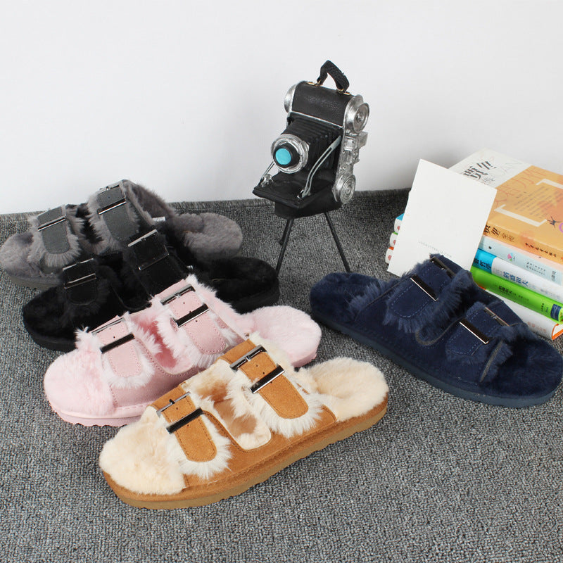 Women's Cowhide Buckle Thermal Fluffy Cotton Boots