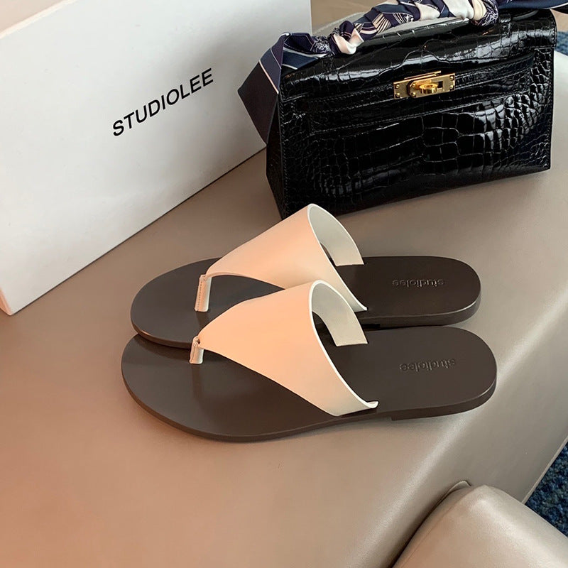 Women's White Two-color Texture Triangle Concise Genuine Sandals