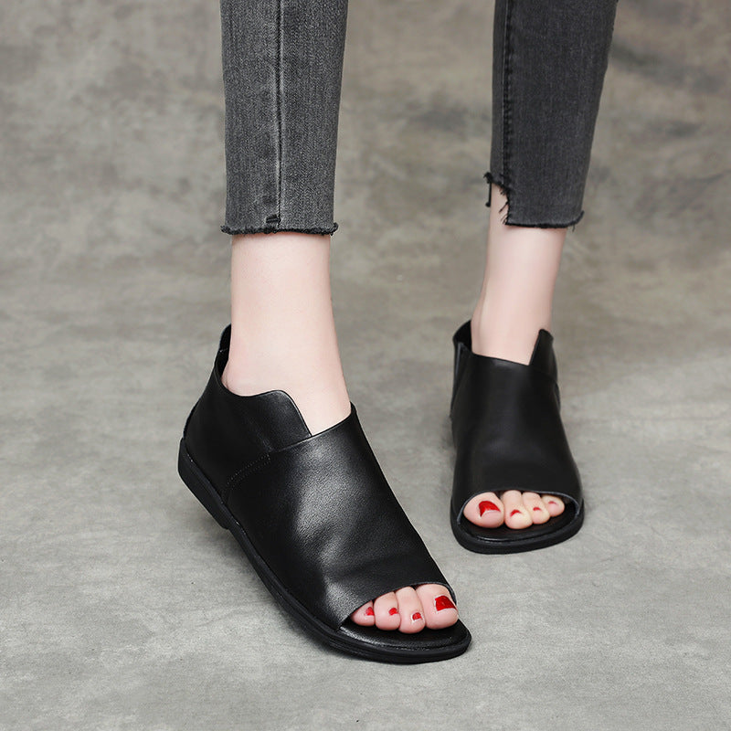Genuine Slip On Peep Toe Flat Low Soft Sandals