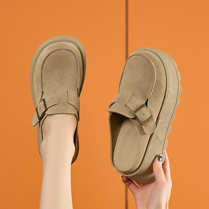 Women's Thick Bottom Elevator Wild Genuine Muffin Closed Toe Half Slippers