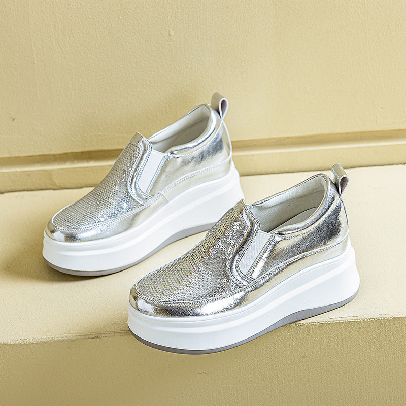 Women's Inner Height Increasing Thick-soled Sequined White Casual Shoes
