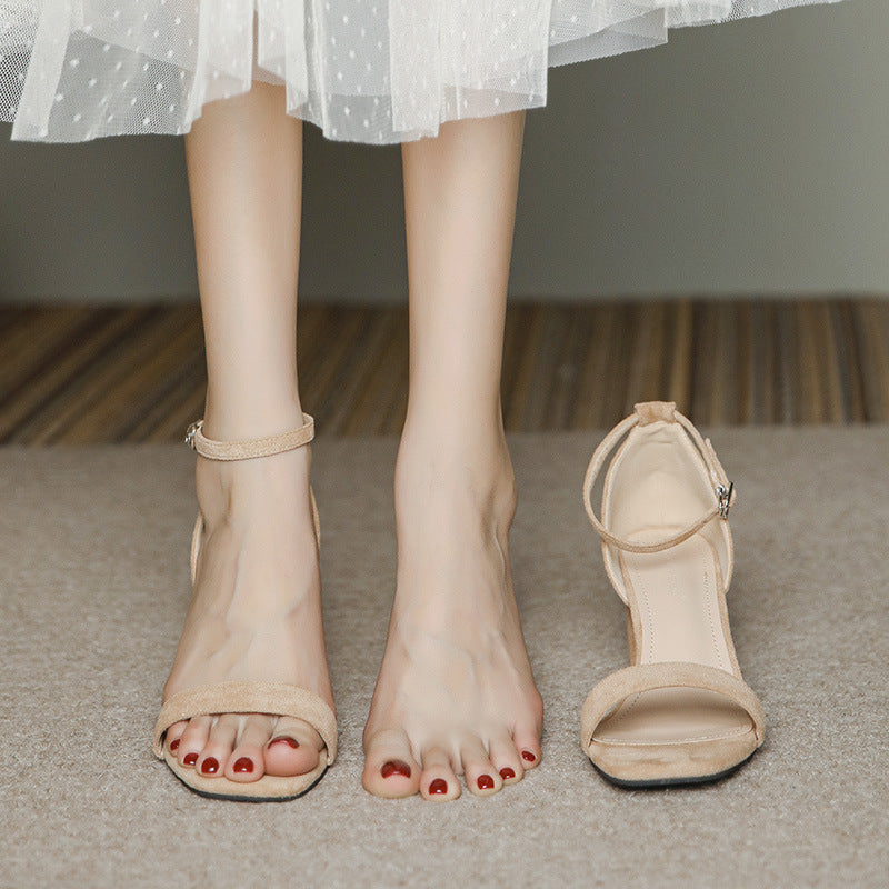 Women's High Summer Square Toe Chunky Open Buckle Heels