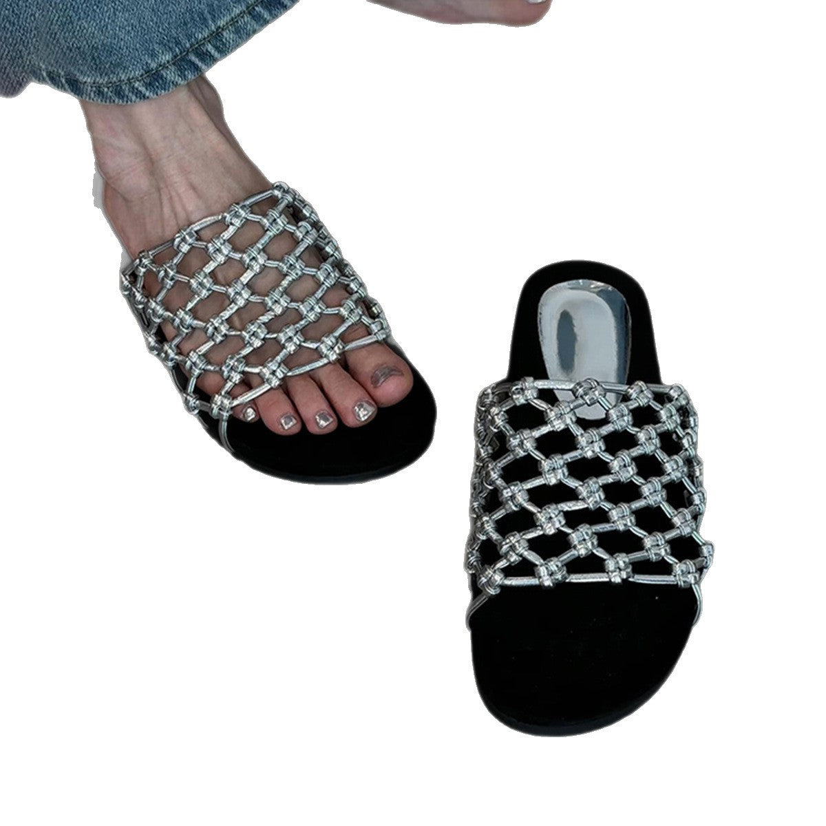 Women's Sheepskin Version Hand-woven Fishnet Platform Beach Soft Slippers