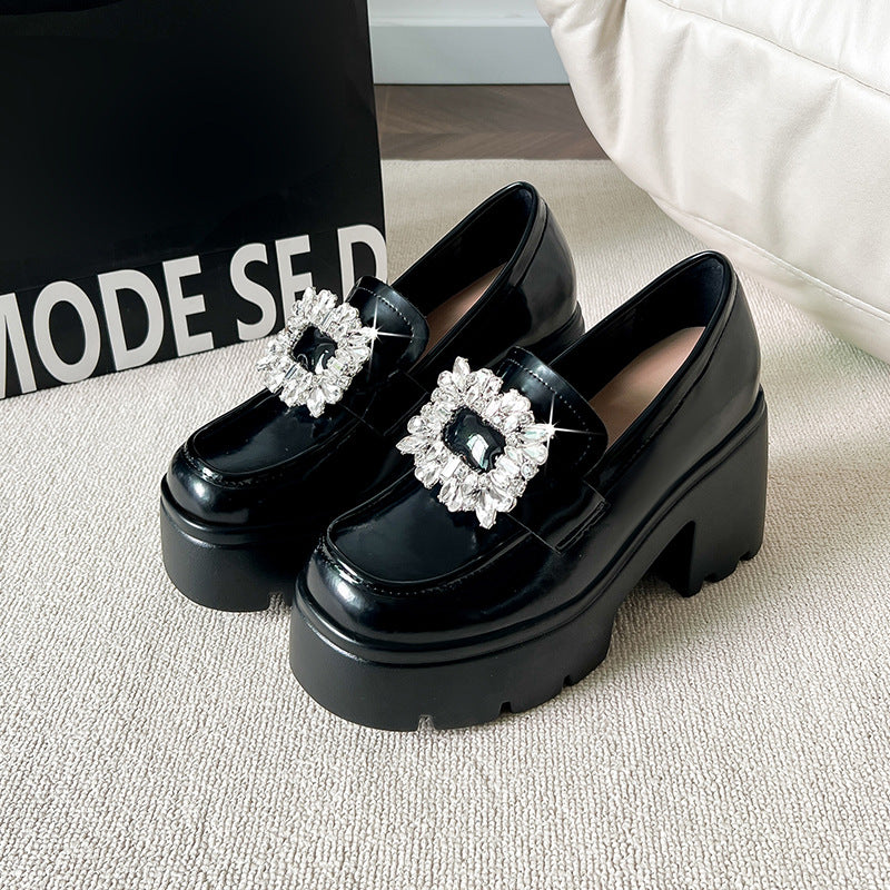 Women's Increasing Insole British Style Rhinestone Square Buckle Loafers