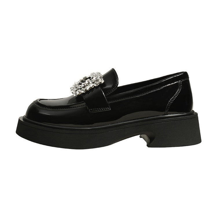 Square Buckle Rhinestone Platform Autumn Black Loafers
