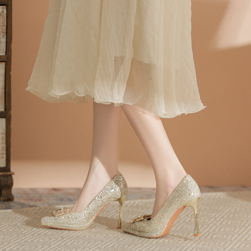 Wedding Waterproof Platform Rhinestone Square Buckle Women's Shoes