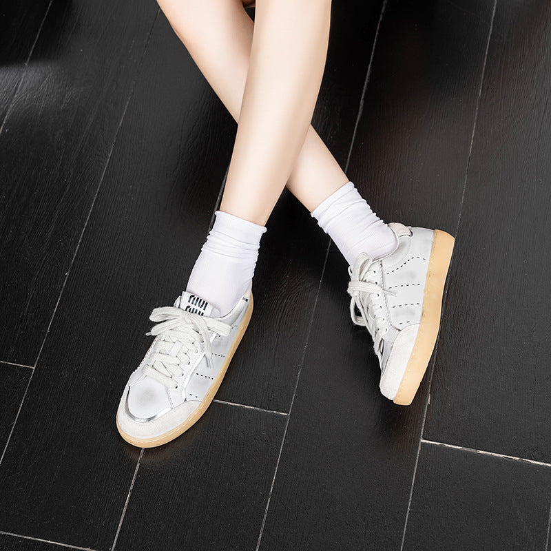 Women's Cowhide White Lace Up Old Dirty Casual Shoes