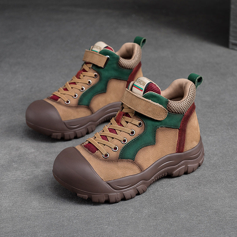 Women's Color Round Head Thick Bottom Pigskin Casual Shoes