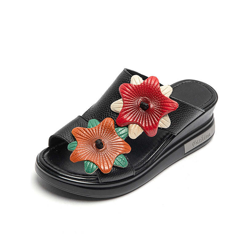Women's Layer Cowhide Outer Wear Flower Wedge Slippers