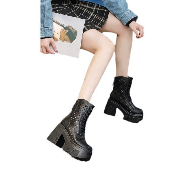 Women's Perforated High Riding Elevator Platform Skinny Sandals