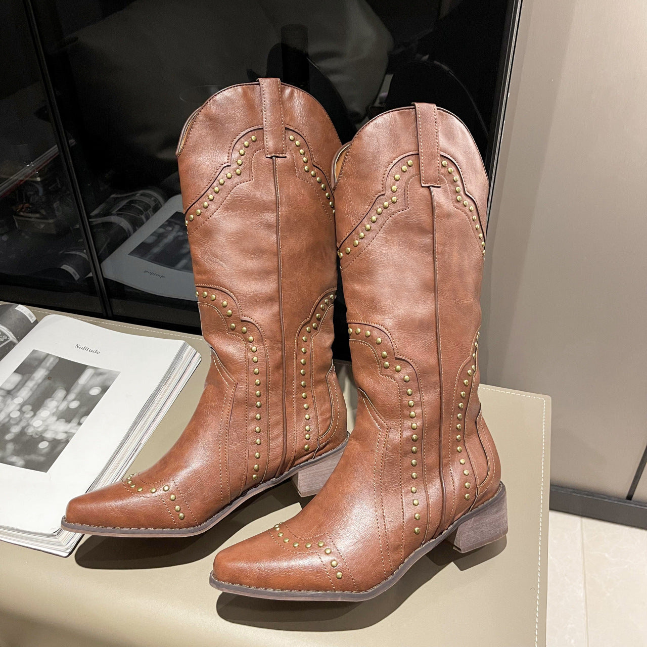Women's Retro Rivet Western Cowboy High Knee-length Heels