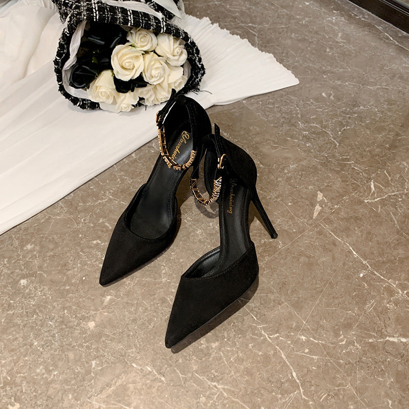 Women's Pointed Toe Hollow Suede Black Buckle Korean Style Heels
