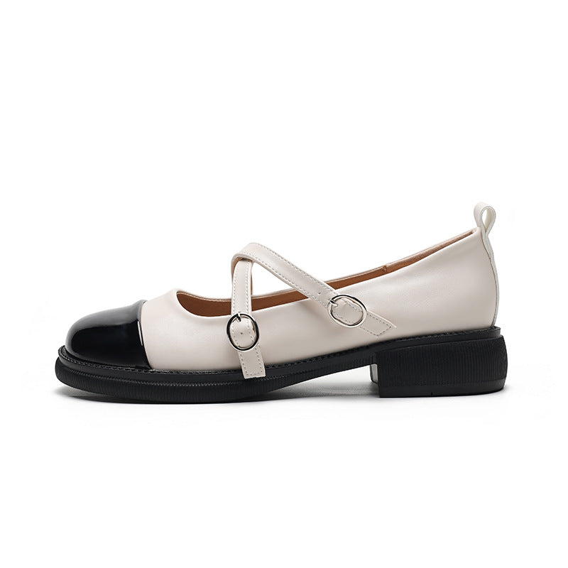 Women's With Color Block Chunky Pumps Mary Leather Shoes
