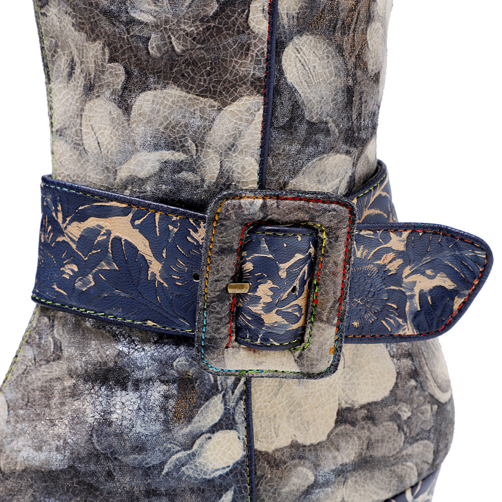 Women's Painting Landscape Pattern Printed Belt Buckle Boots