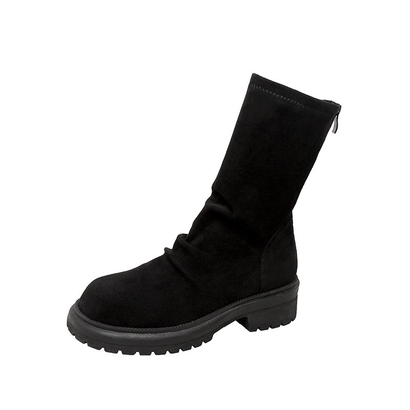 Women's Round Toe Pleated Back Zipper Pile Boots