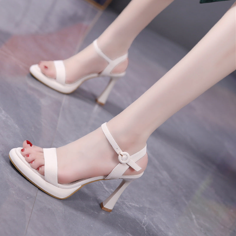 Women's Buckle Stiletto Waterproof Platform Round Toe Heels