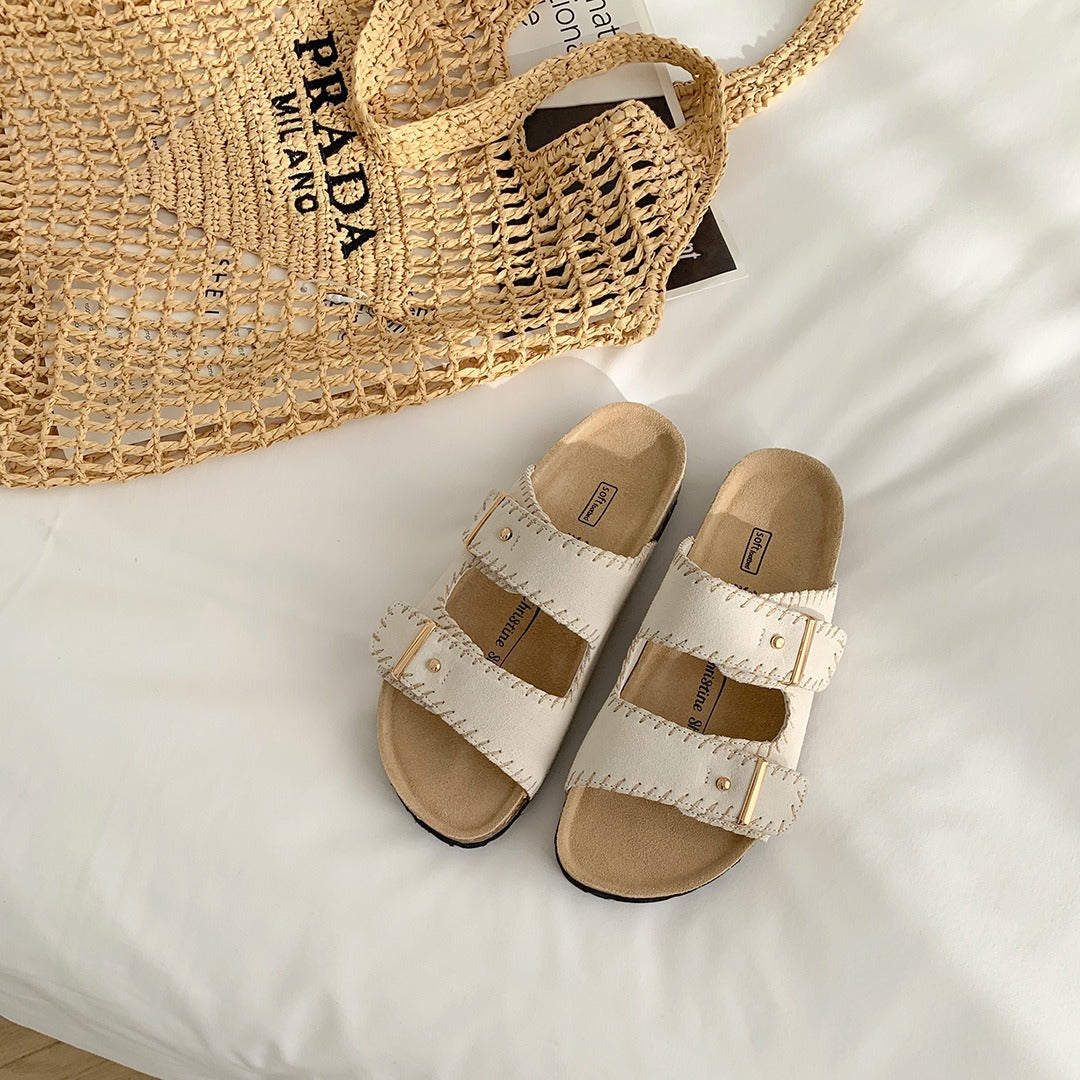 Women's Works Vintage Buckle Stitching Wire Thick Slippers