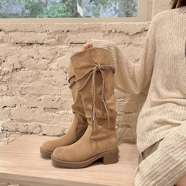 Women's Tassel Chunky Tube Long Western Cowboy Boots