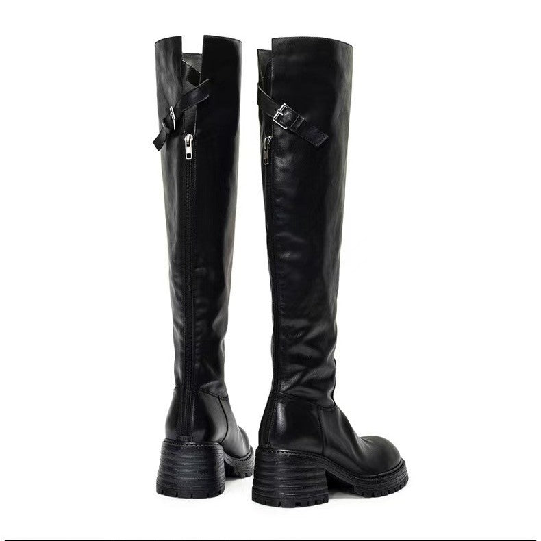 Combat Round Toe Pleated Chunky Thigh High Boots