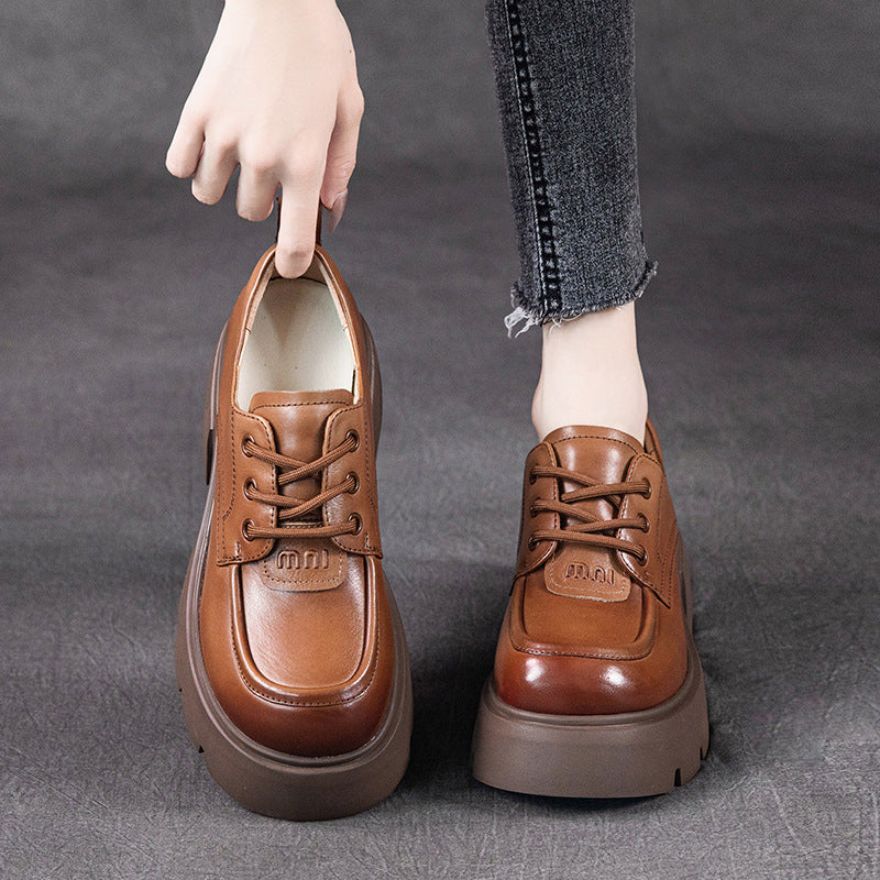 Women's Cowhide Autumn Authentic Platform Thick Bottom Retro Casual Shoes
