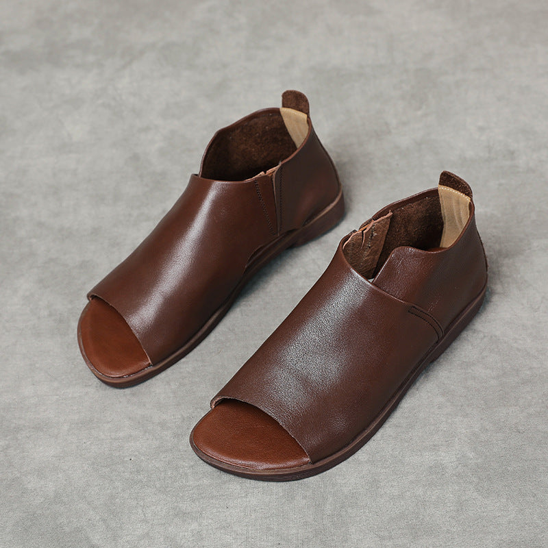 Genuine Slip On Peep Toe Flat Low Soft Sandals