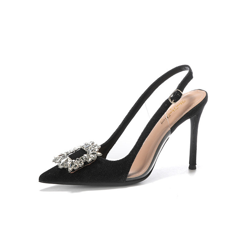 Pointed Toe Low-cut Rhinestone Square Buckle Versatile Fashion Heels