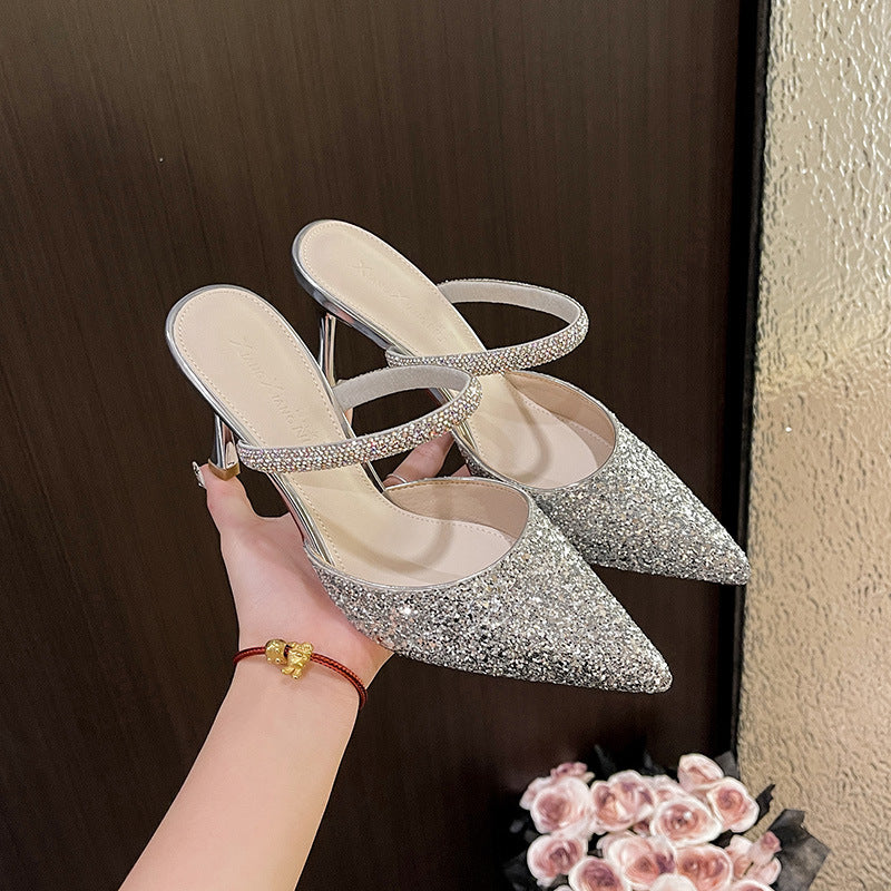 Women's Closed Toe Pointed Sequins Stilettos Plus Size Half Heels