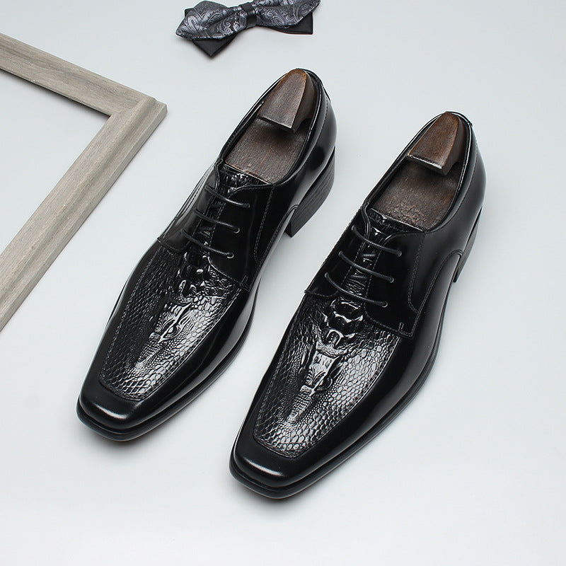 Men's Layer Cowhide Gentleman Fashion Warped Head Crocodile Leather Shoes