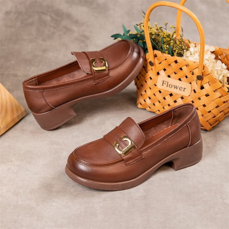 Spring British Deep Mouth Chunky Round Leather Shoes