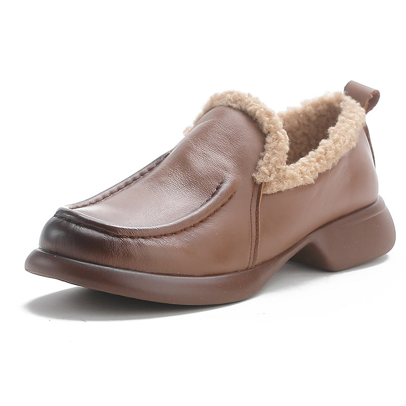 Cowhide Fluffy Thick Bottom Winter Plush Chunky High Loafers