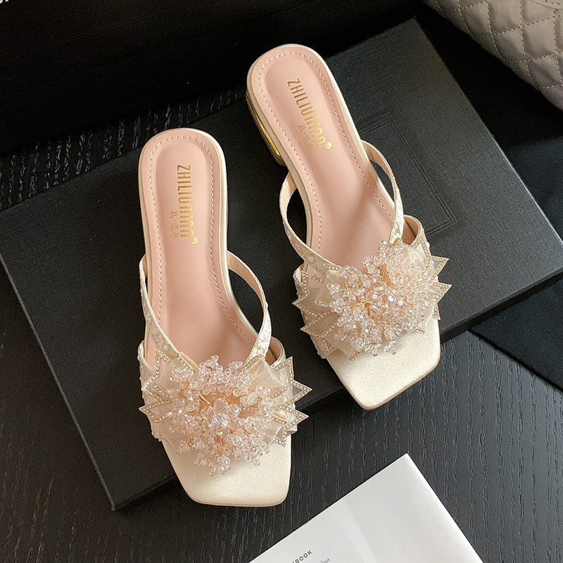 Women's Flower Summer Korean Style Square Toe Chunky Plus Heels