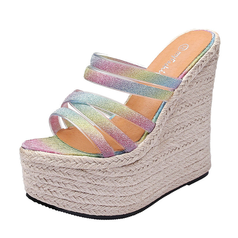 Catwalk Cross Strap Platform Straw Woven Hemp Slippers