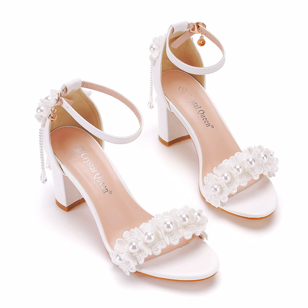 Chunky Low-cut Strap Beaded Tassel Flowers Bridal Heels