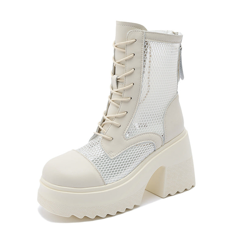 Women's Cowhide Platform Mesh Hollow Martin Small Boots