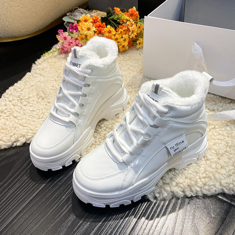 Winter Platform White Fleece-lined Korean Style Versatile Casual Shoes