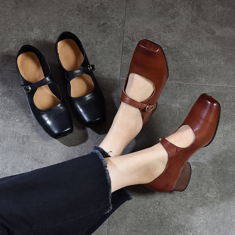 Women's Square Toe Vintage Mid Pig Nose Women's Shoes