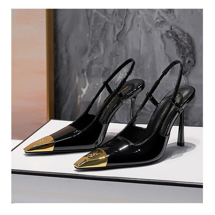 Women's Metal Square Toe Stiletto High Closed Black Thin Color Matching Heels