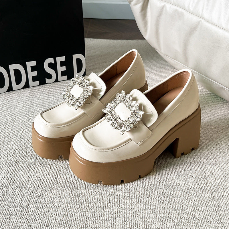 Women's Increasing Insole British Style Rhinestone Square Buckle Loafers