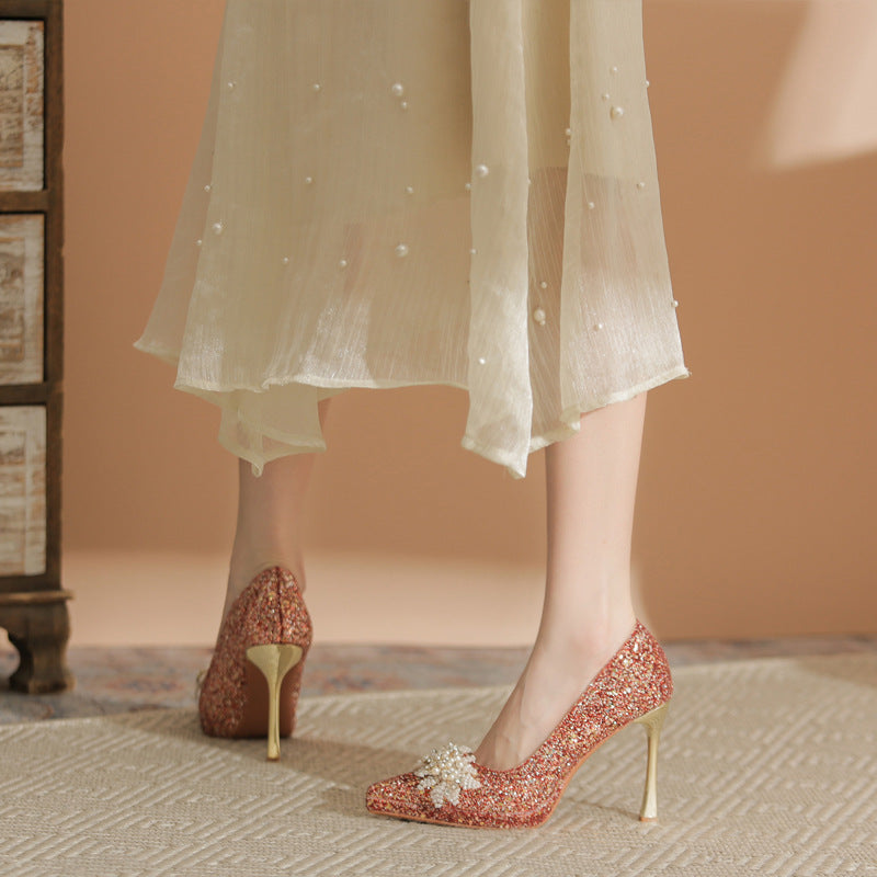 Women's French Style High-grade Champagne Wedding Stiletto Not Heels