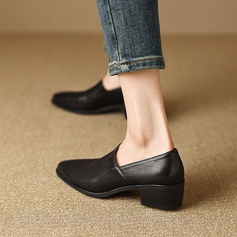 Women's Small Comfortable Root Wild Fashion Solid Color Leather Shoes