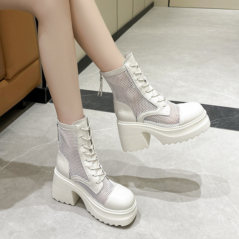 Women's Cowhide Platform Mesh Hollow Martin Small Boots