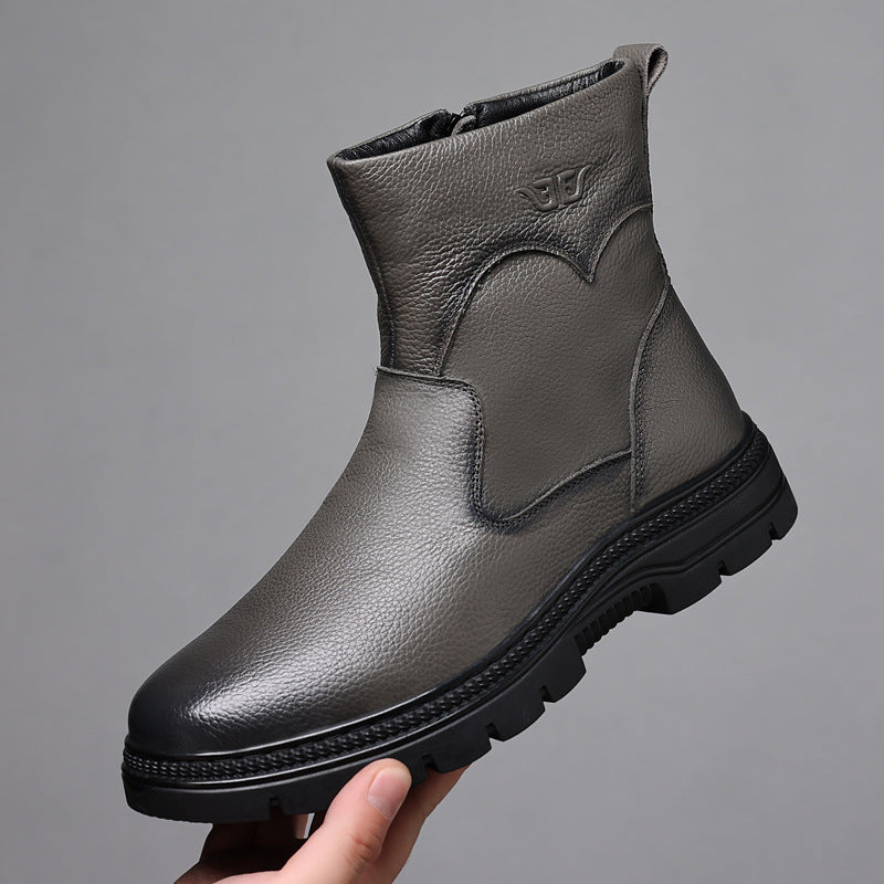 Men's Layer Cowhide Cotton Wool Fleece-lined Warm Boots
